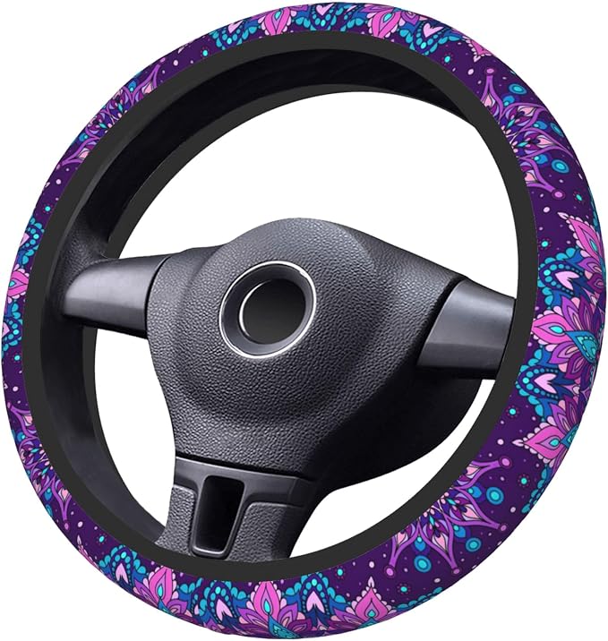 Purple Galaxy Flower Steering Wheel Cover for Women Girls Abstract Mandala Floral Universal 15 Inch Auto Neoprene Case Anti-Slip Car Wheel Protector