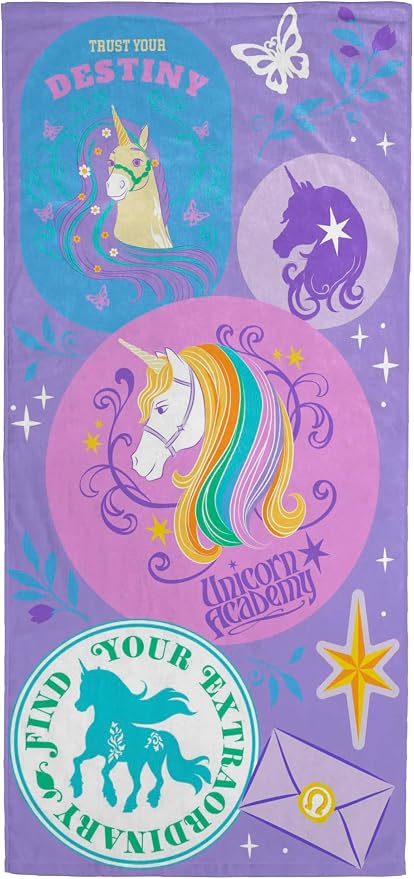 Kids Beach Towel - 100% Cotton Super Soft Absorbent Bath Towel, 28" x 58" Inch Lightweight for Travel, Official Licensed Product, Multi - Unicorn Academy