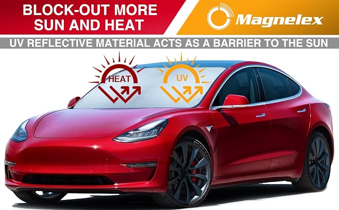 Tesla Windshield Sun Shade (Model 3/Y), Reflective Polyester Blocks Heat & Sun, Foldable Car Window Sun Blocker, Mirror Cut-Out, Fade-Resistant Sunshade, Tesla 3 Accessories (Pack of 2)