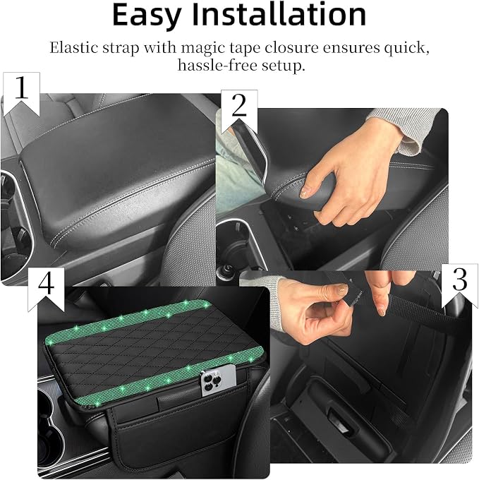 Bling Car Center Console Cover, Leather Car Arm Rest Cover Cushion with 2 Storage Bags, Universal Auto Armrest Protector Storage Box, Bling Accessories Interior for Most Vehicles (Green)