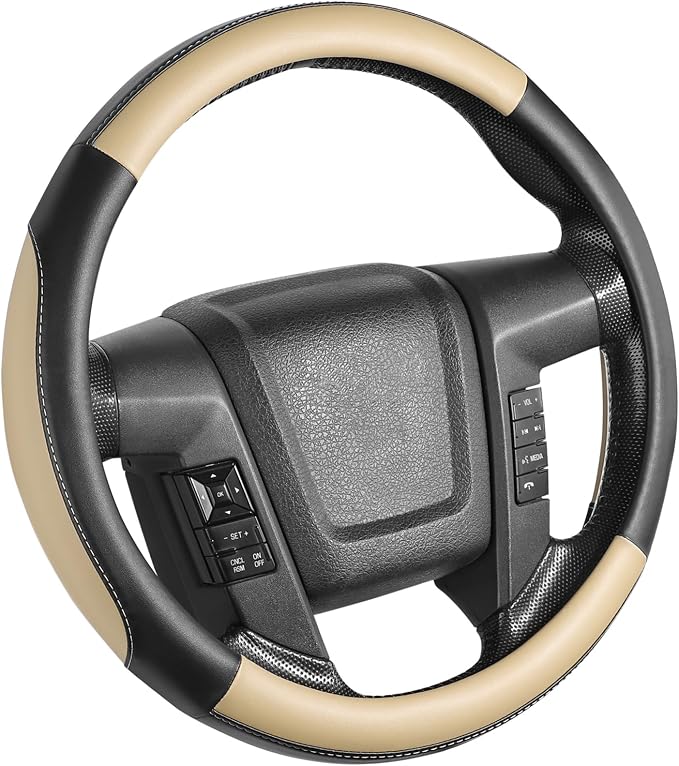Car Steering Wheel Cover Large-Size for F150 F250 F350 Ram 4Runner Tacoma Tundra Range Rover with 15 1/2 inches-16 inches Outer Diameter, Black and Beige Microfiber Leather