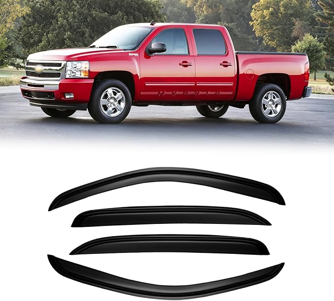Window Visor for 2007-2013 Chevy Silverado 1500/ GMC Sierra 1500/ Avalanche/Suburban Crew Cab, Rain Guards Vent Deflector Shade Dark Smoke 07-14 Silverado/Sierra 2500 3500HD/ 07-14 Yukon XL, Tape-On