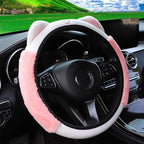 Car Steering Wheel Cover, Fluffy Soft Plush for Winter Warm, Cute Steering Wheel Protector with Kitty Cat Ears, Universal 15 Inch, Elastic & Anti-Slip, Lovely Decor Car Accessories (Pink)