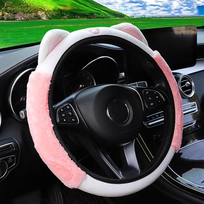 Car Steering Wheel Cover, Fluffy Soft Plush for Winter Warm, Cute Steering Wheel Protector with Kitty Cat Ears, Universal 15 Inch, Elastic & Anti-Slip, Lovely Decor Car Accessories (Pink)