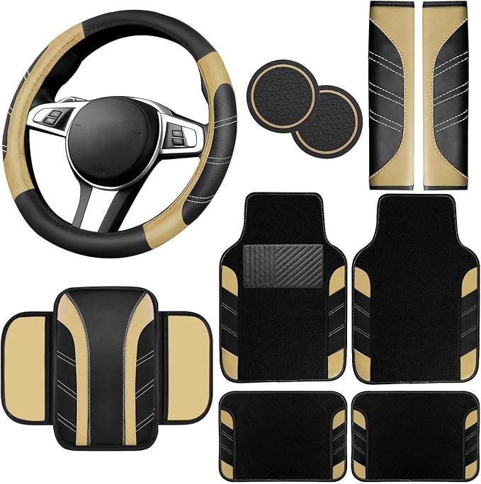 10 Pcs Car Floor Mats Full Set & Sport Leather Steering Wheel Cover 14.5-15 inch, Center Console Cover, Seat Belt Cushion, Cup Holder Coaster, Universal Automobile Interior Sets (Beige)