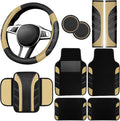 10 Pcs Car Floor Mats Full Set & Sport Leather Steering Wheel Cover 14.5-15 inch, Center Console Cover, Seat Belt Cushion, Cup Holder Coaster, Universal Automobile Interior Sets (Beige)