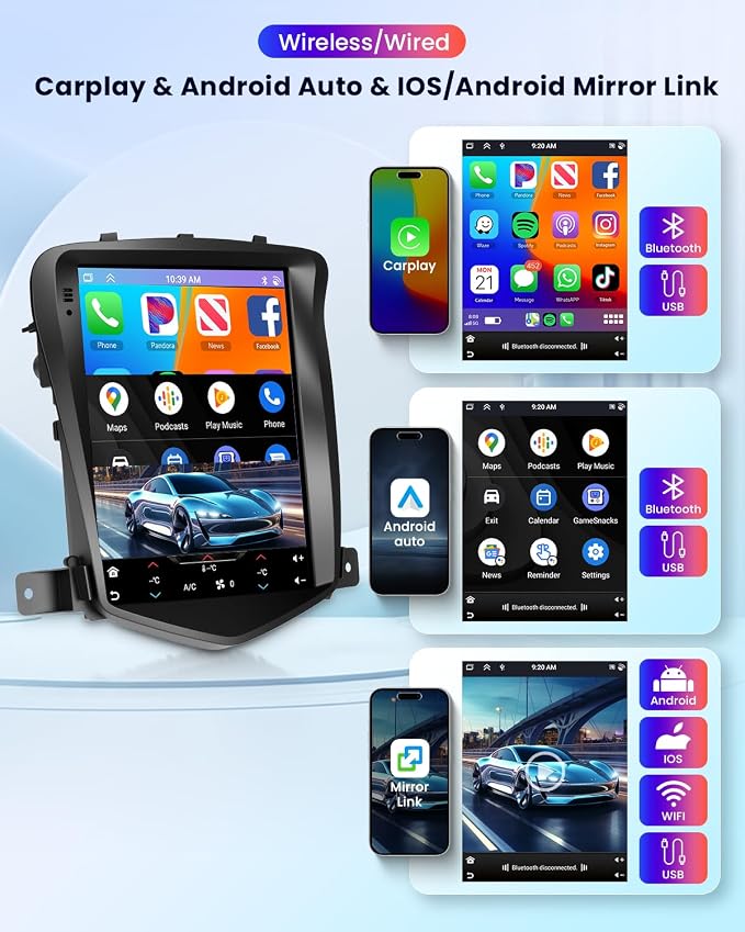 4Core 4G+64G Android 15 Car Radio for Chevy Cruze J300 2009-2014, 5G-WiFi, Car Stereo Wireless Carplay, 9.7'' HD Touchscreen Mirror Link GPS navigation Bluetooth FM/RDS EQ-32 SWC Backup Camera