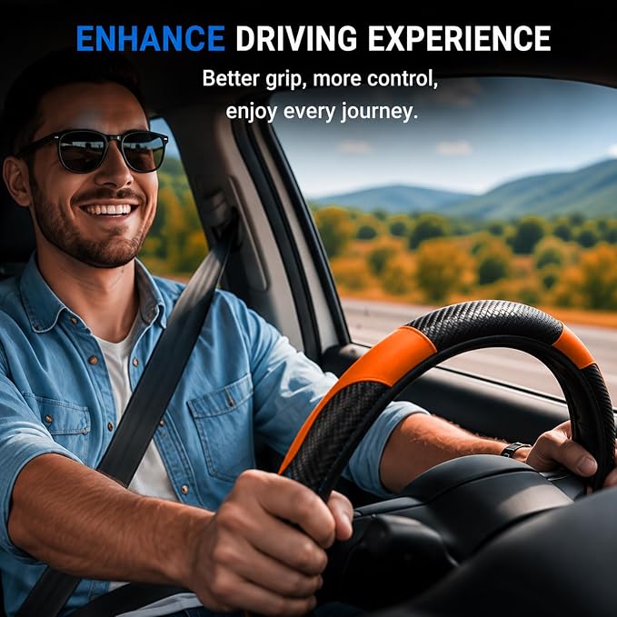 Car Steering Wheel Cover, 15 inch Carbon Fiber Microfiber Anti-Slip Breathable PU Leather Elastic Steering Wheel Protector, Car Interior Accessories for Most Cars (Orange)