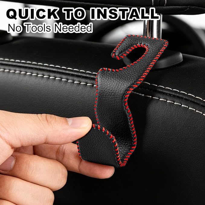 Car Seat Hooks for Purses and Bags, 4 Pack Car Purse Holder for Grocery Bag Handbag Clothes, Metal Headrest Hooks Covered by Leather, Black Red
