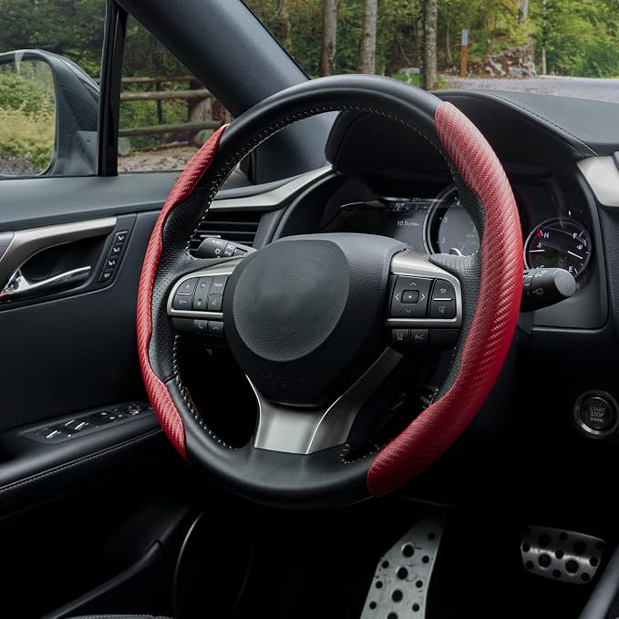 2pcs Carbon Fiber Anti-Skid Steering Wheel Cover, Waterproof & Segmented Butterfly Design, Universal 99% Vehicle Wheel Cover Protector, Car Interior Accessories (Red-2pcs)