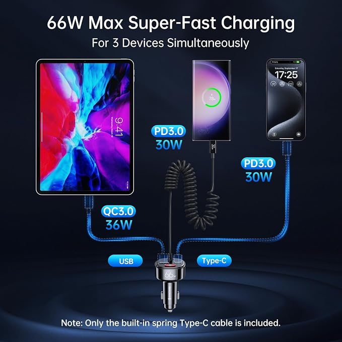 USB C Car Charger with [Battery Leakage Prevention] 66W Super Fast Car Adapter with PD & QC 3.0 Built in 6FT Type C Coiled Cable for iPhone 17/16/15 Series, Samsung Galaxy/Google Pixel