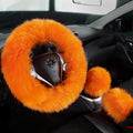Fuzzy Genuine Sheepskin Steering Wheel Cover Set for Women Parents-Fluffy Soft Australian Merino Wool Wrap with Gear Shift and Hand Brake Covers, Cozy Stylish Luxury Car Accessories (Orange)