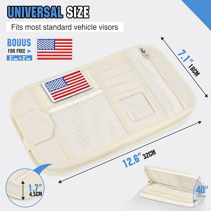 Car Sun Visor Organizer, Tactical Car Accessories with Zipper Storage Pouch, Glasses Clip Card Sleeve Pocket, Multi-Pocket Visor Organizer Fits Most Cars, SUVs, Trucks