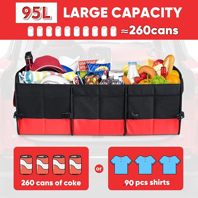 Large Trunk Organizer for Car, Foldable Multi Compartment Car Trunk Organizer with 2 Retractable Straps, Suitable for All Kinds of Cars, SUV, Minivan - 4 Compartments Red