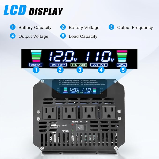 3000 Watt Power Inverter 12V to 110V 120V DC to AC with 4 AC Outlets, LCD Display, USB Port & Remote Control for Home, RV, Vehicle, Truck, Off-Grid Solar System, Heavy Duty Outdoor Camping
