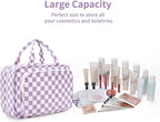 Travel Toiletry Bag for Women Large Hanging Makeup Bag Organizer Toiletries Bag for Full Size Essentials Accessories Cosmetics (Purple Checkerboard (Large))