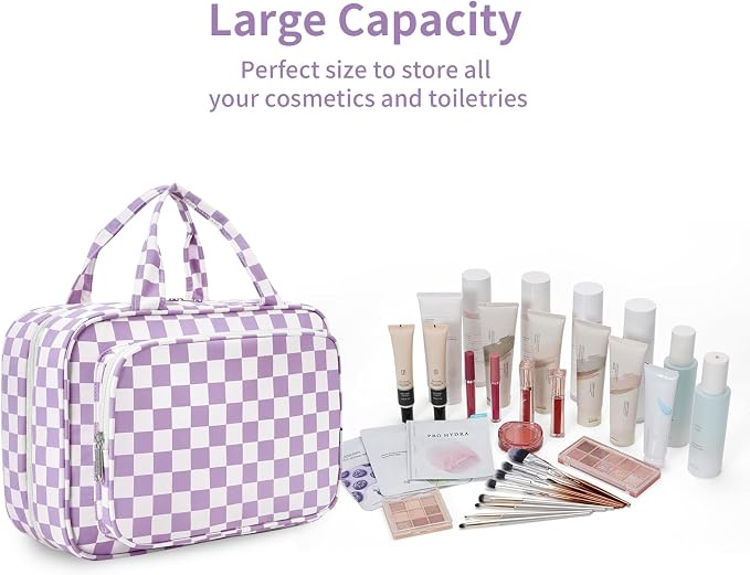 Travel Toiletry Bag for Women Large Hanging Makeup Bag Organizer Toiletries Bag for Full Size Essentials Accessories Cosmetics (Purple Checkerboard (Large))
