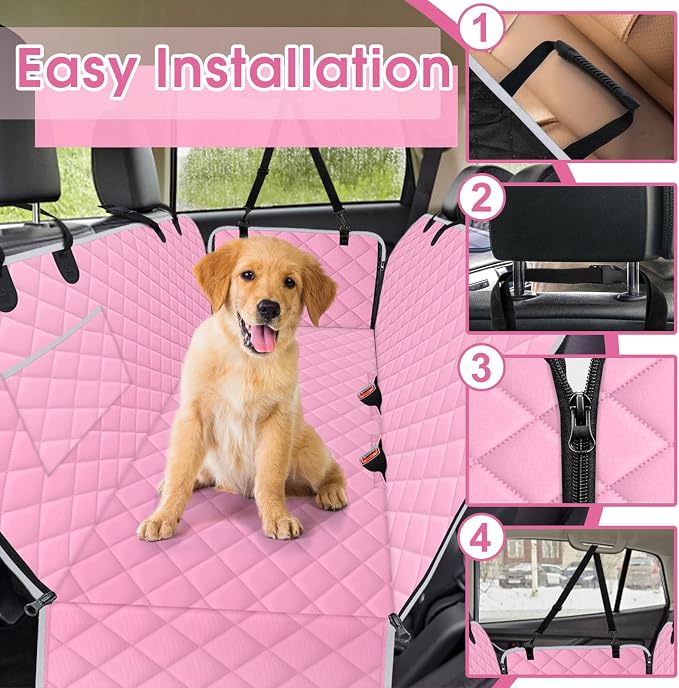 Waterproof Dog Car Seat Cover for Back Seat, Pet Hammock-S, Pink/Grey | Durable waterproof hammock with nonslip design & storage pockets. Protects seats from scratches, fits cars, SUVs & trucks.