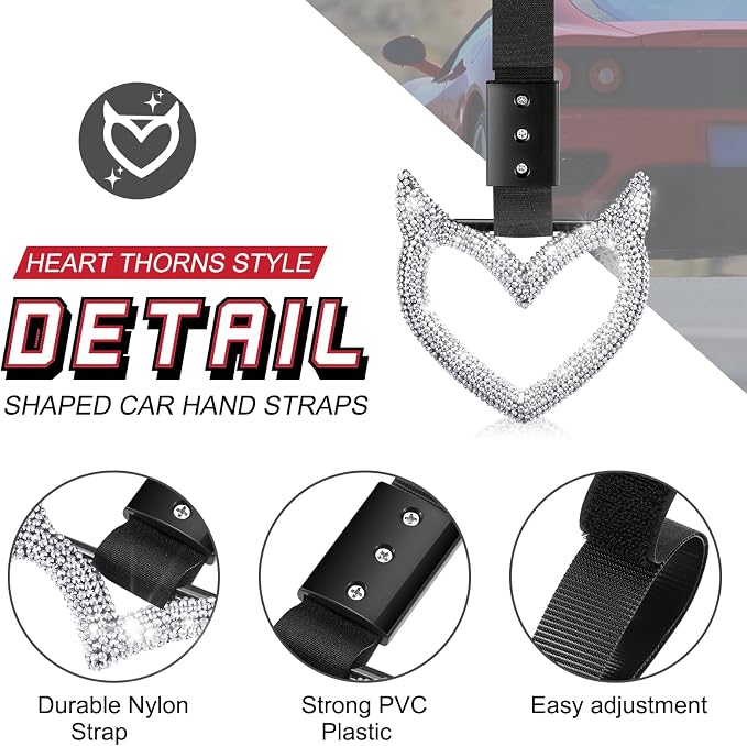 Bling Car Accessories Bling Heart Handle Ring Car Accessory for Women Heart Hand Strap Drift Charm Rear Bumper Warning Ring Decor for auto Bus Interior Exterior Decoration(White,Devil Style)
