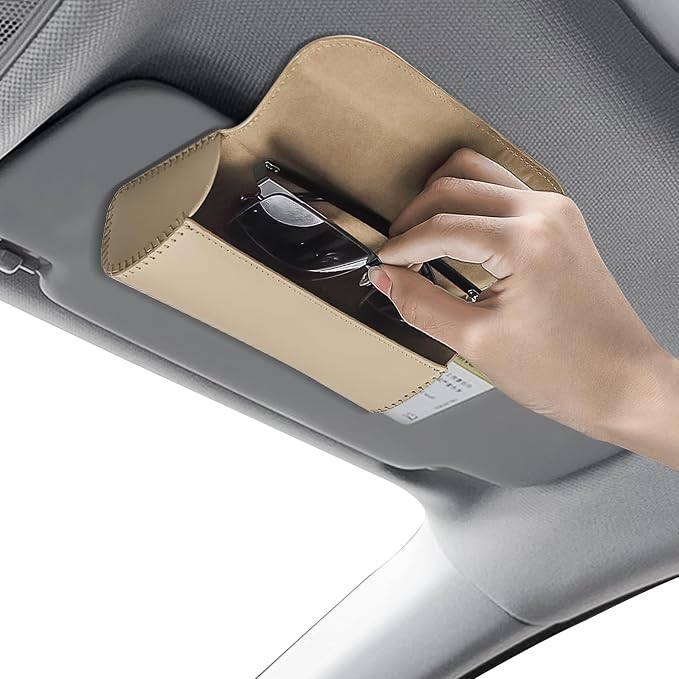 Sunglasses Holder for Car Sun Visor, Leather Auto Eyeglasses Storage Case with Hidden Magnetic Closure, Universal Protective Glasses Organizer Box, Visor Accessories for Woman Man (Beige)
