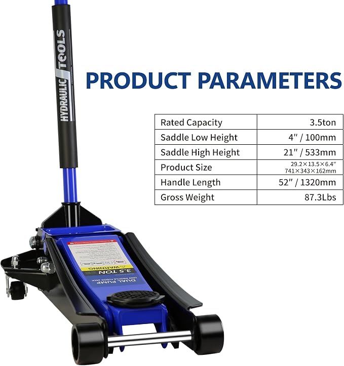 Heavy Duty Hydraulic Floor Jack, Low Profile, Steel Racing Jack w/2 Piston Quick Lift Pump, 4"-21" Lift, 3.5 Ton (7000lb) Capacity, Blue