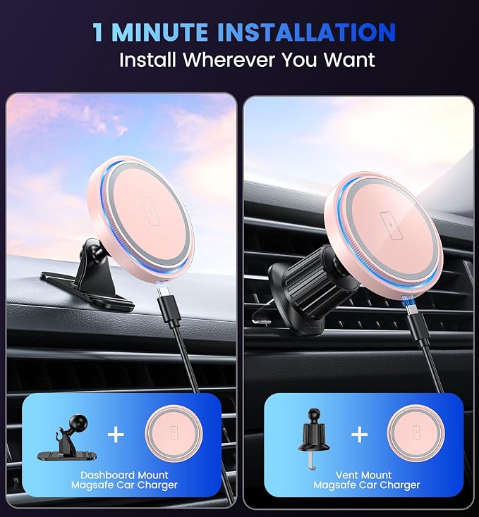 Magnetic Car Charger Mount 15W for iPhone 17-12 Pro Max | N52 Strong Magnets, 360° Rotation, Dashboard & Vent Mount, Compatible with Magnetic Cases, Gift for Women, Pink/Black