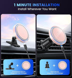 Magnetic Car Charger Mount 15W for iPhone 17-12 Pro Max | N52 Strong Magnets, 360° Rotation, Dashboard & Vent Mount, Compatible with Magnetic Cases, Gift for Women, Pink/Black