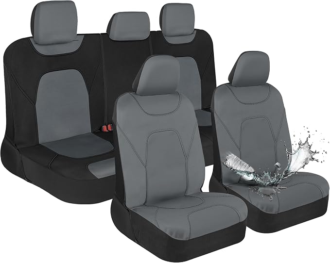 Waterproof Car Seat Covers Full Set – Black & Gray Seat Covers for Car Front & 60/40 Split Back Bench - Carseat Cover for Trucks, SUV - Universal Fit for Most Regular Size Vehicles