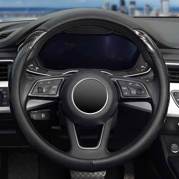 Car Steering Wheel Cover Universal 14 1/2"-15" Leather Carbon Fiber Anti-Slip Car Accessories, Black