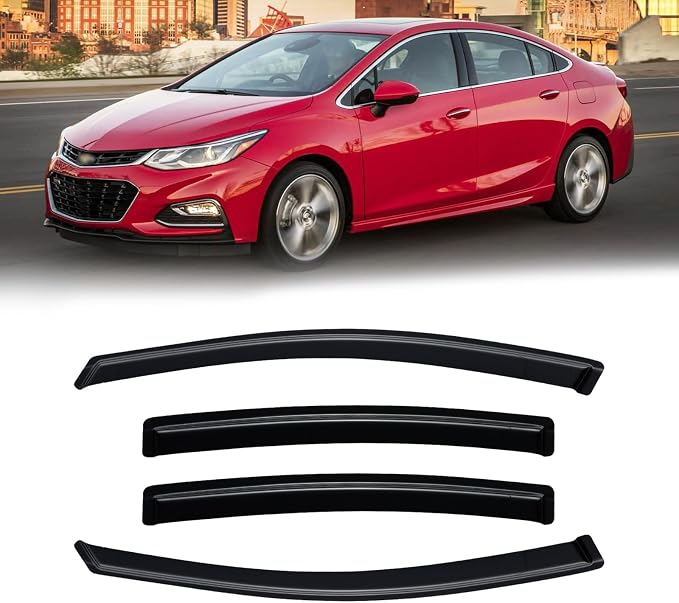 Rain Guards for 2016-2019 Chevrolet Chevy Cruze, Out-Channel Window Visor Shields Vent Deflector Shade Wind Dark Smoke 2017 2018 16 17 18 19, Tape-On Outside-Mount, 4PCS