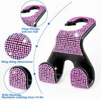 Bling Car Purse Hooks 2Pcs, Durable Car Headrest Hook, Holds 44Lbs, Double-Hooks, Wide-Opening, Rhinestone Automobile Purse Hangers Holder, Bling Car Accessories for Women, Pink