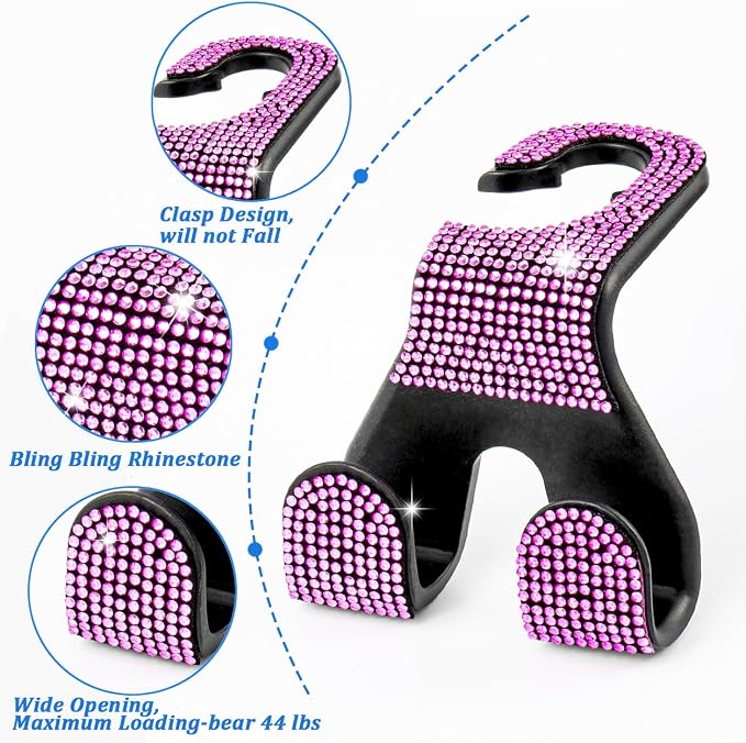 Bling Car Purse Hooks 2Pcs, Durable Car Headrest Hook, Holds 44Lbs, Double-Hooks, Wide-Opening, Rhinestone Automobile Purse Hangers Holder, Bling Car Accessories for Women, Pink