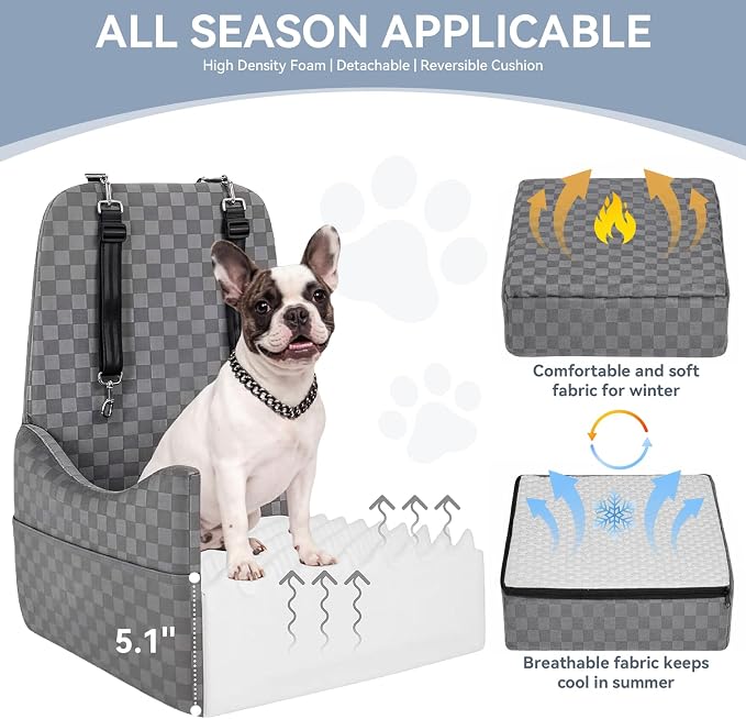 Dog Car Seat for Small/Medium Dogs Up to 35 lbs – Patented Safety System, 5" Memory Foam Pet Booster Car Seat, Fully Detachable and Washable Dog Carseat with 2 Storage Pockets (Grey)