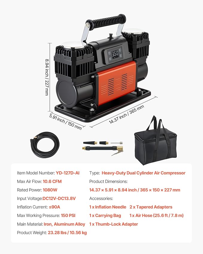 Dual-Cylinder Heavy Duty Air Compressor, 10.6CFM Auto-Stop Portable Tire Inflator, 12V 150PSI Offroad Air Pump with LCD Digital Display & Adapters for Truck Car SUV 4 x 4 Vehicle RV