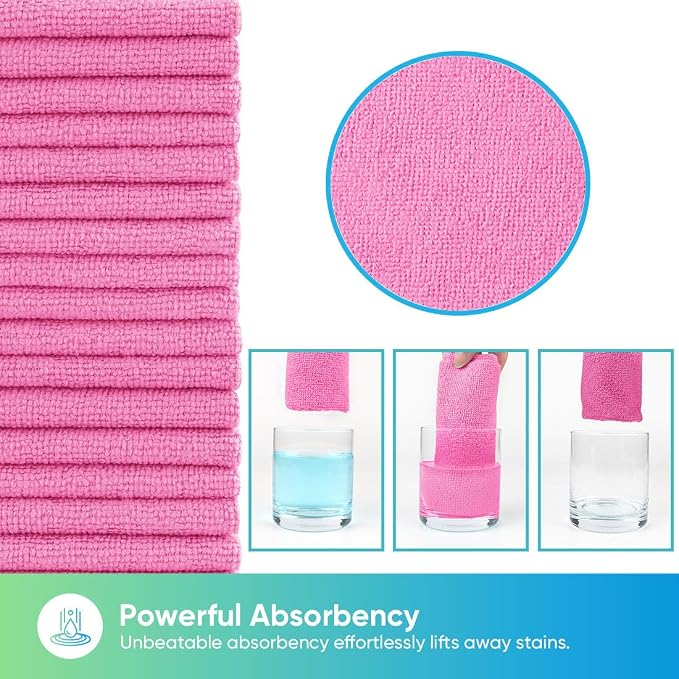 Pink Microfiber Cleaning Cloths, 20 Pack Cleaning Rags - Lint Free & Scratch-Free Microfiber Towels for Cars, House & Kitchen, Absorbent Cleaning Towels, 11.5 x 11.5 Inch