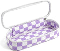 Preppy Checkered Clear Travel Makeup Brush Holder,Purple and Beige Checkered Makeup Brush Toiletry Bag,Portable Cosmetic Brush Case,Transparent Waterproof Makeup Brush Storage Bag