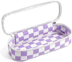 Preppy Checkered Clear Travel Makeup Brush Holder,Purple and Beige Checkered Makeup Brush Toiletry Bag,Portable Cosmetic Brush Case,Transparent Waterproof Makeup Brush Storage Bag