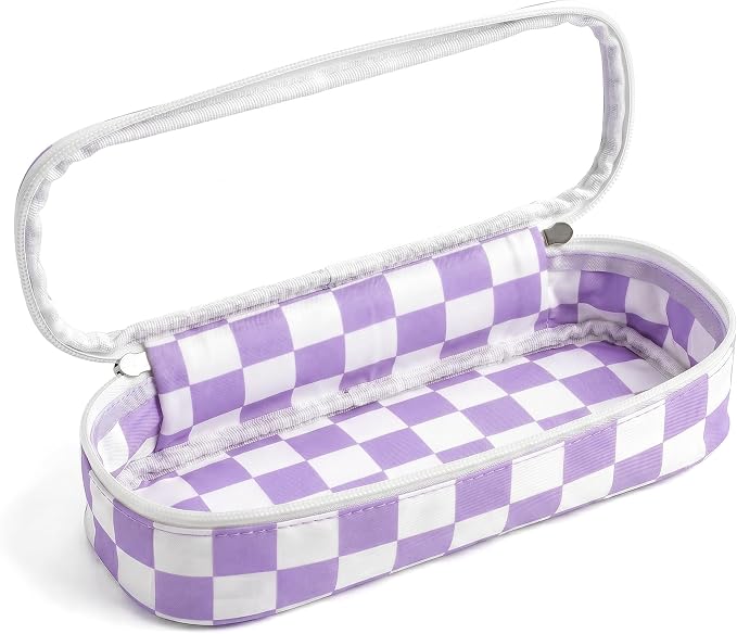 Preppy Checkered Clear Travel Makeup Brush Holder,Purple and Beige Checkered Makeup Brush Toiletry Bag,Portable Cosmetic Brush Case,Transparent Waterproof Makeup Brush Storage Bag