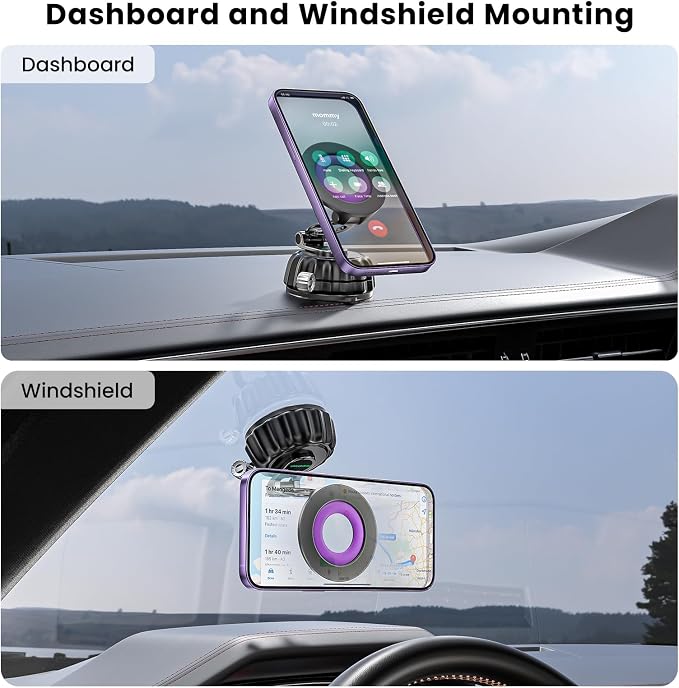 Stable Magnetic Vacuum Suction Cup Phone Holder for Car, Foldable Hands-Free Phone Mount for Dashboard and Windshield, Fit for iPhone & Android Phones, 360° Rotation, Convenient for Calls (Purple)