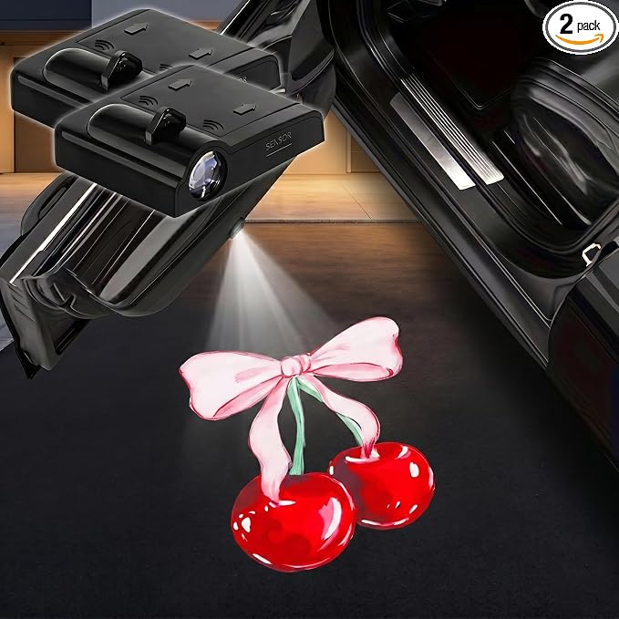 2PCS Bow Cherry Car Door Lights Projector, Magnetic Logo Projector Door Lights, Wireless LED Welcome Puddle Light, Cherry Car Accessories Decor, for Women Men, Fit All Vehicles