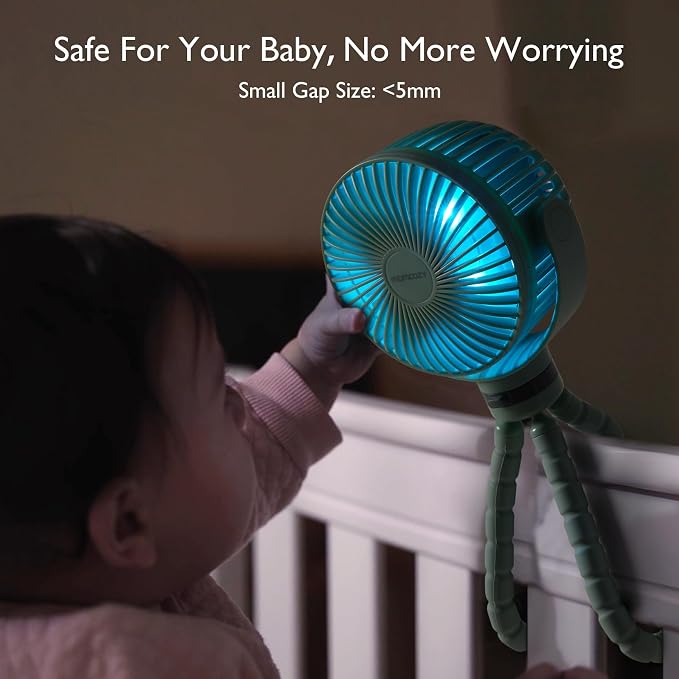 8000mAh Portable Stroller Fan, 27H Ultra-long Battery Life Detachable 4 Speed 360°Rotate LED Night Light with 2 Modes, USB Rechargeable Handheld Cooling Fan for Travel/Car Seat/Bedroom