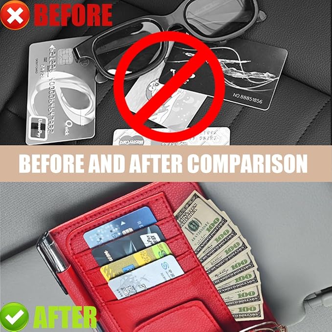 2 PCS Car Sun Visor Organizer, Small Auto Visor Organizer and Storage, Registration and Document Holder for Sunglasses, Card, Pen, Driver License, Car Accessories (Red)