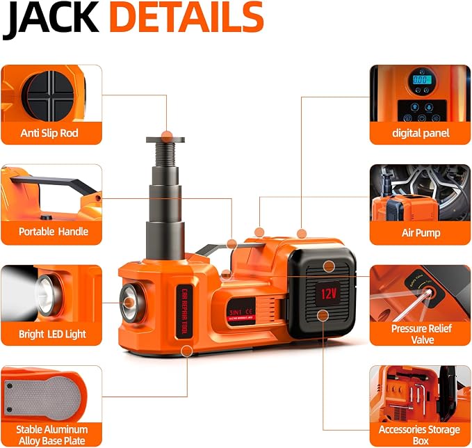 Car Jack Electric Hydraulic Jack 5Ton 155-450mm LCD Display 3in1 Lift Inflator LED Light 12V Portable Outdoor Home Emergency Tire Change Roadside Rescue Tool for Sedan SUV Truck