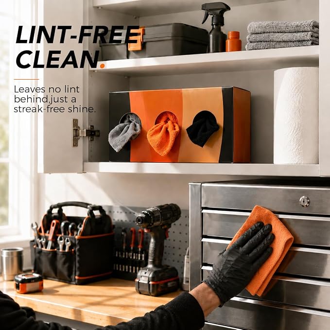 Microfiber Cleaning Cloth, 150 Pack Reusable Paper Towels Microfiber Towels for Cars Lint Free Shop Rags with Box for Home Kitchen Automotive, 11"x 9", Grey & Orange & Black