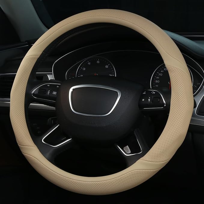 Buff Leather Steering Wheel Cover Universal 15 inch