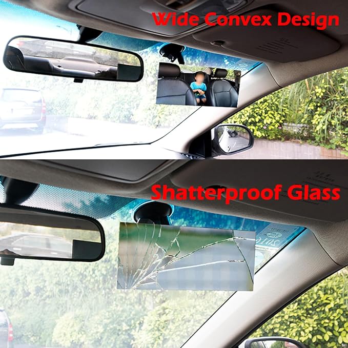 Suction Cup Baby Car Mirror, Adjustabe Long Arm HD Glass Convex Wide Angle Interior Rearview Baby Rear Facing Mirror (Frameless Rectangle, Large, 6.7" X 2.9")