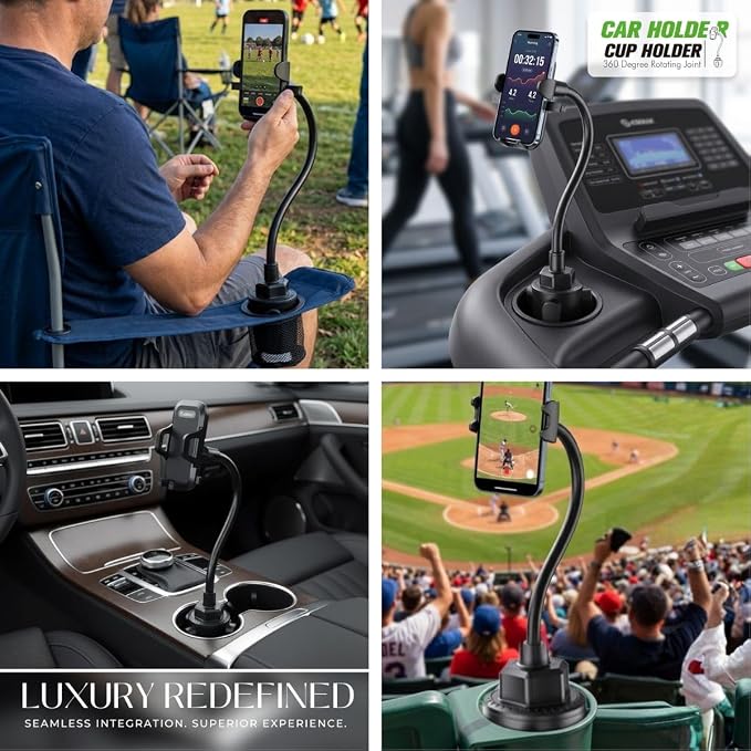 Cup Holder Phone Mount 15 Inch Adjustable Gooseneck Arm for Car | Adjustable long arm and stable cup holder base keep your phone secure, easy to reach, and clear to view while driving