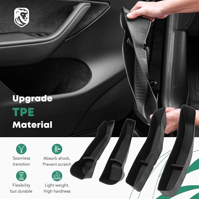 4 Pcs Door Side Storage Box Fit for Tesla Model Y 2020 2021 2022 2023, TPE Car Door Organizer Tray Handle Protector Anti-slip for Front Rear - Black