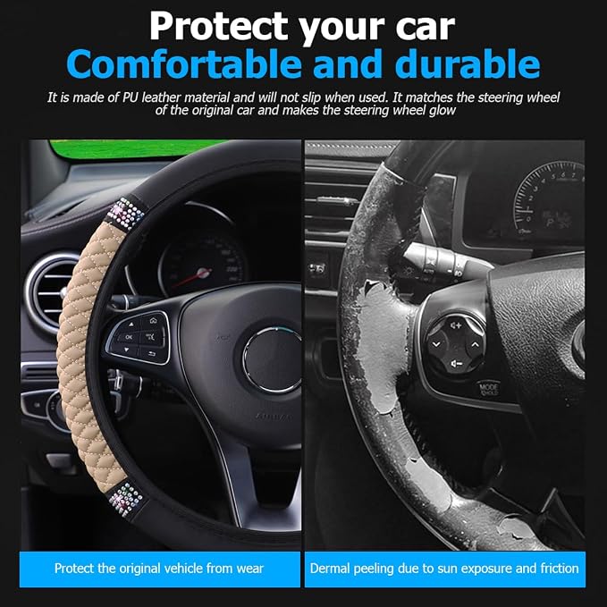 Bling Car Steering Wheel Cover, 15 Inch Rhinestones Soft Leather Elastic Steering Wheel Protector, Sparkly Crystal Diamond for Women Girls (Beige)