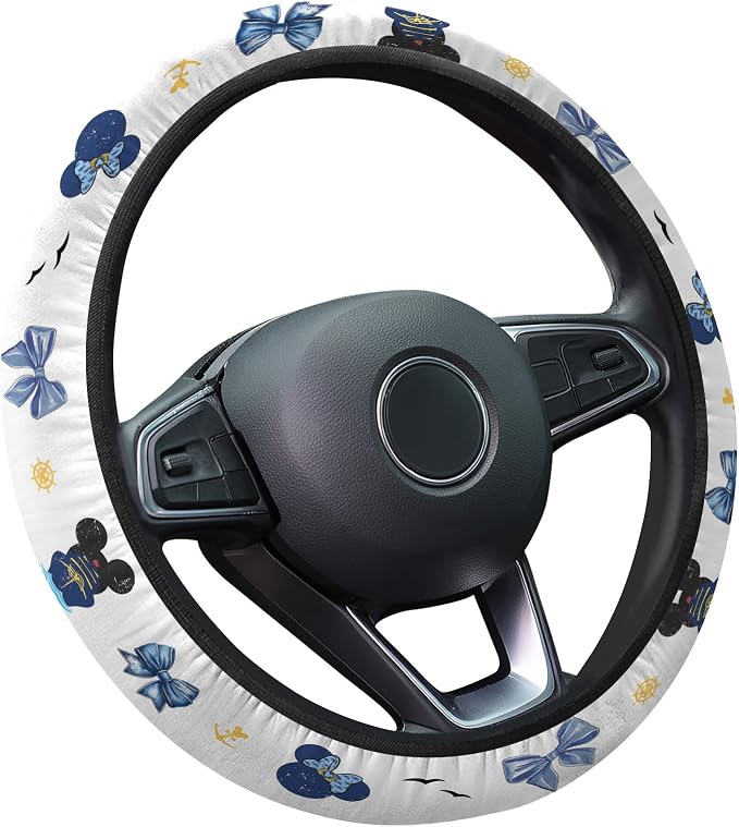Blue Bow Mouse Silhouette Steering Wheel Cover, Non-Slip Polyester Wheel Grip, Universal 15 Inch Car Accessory